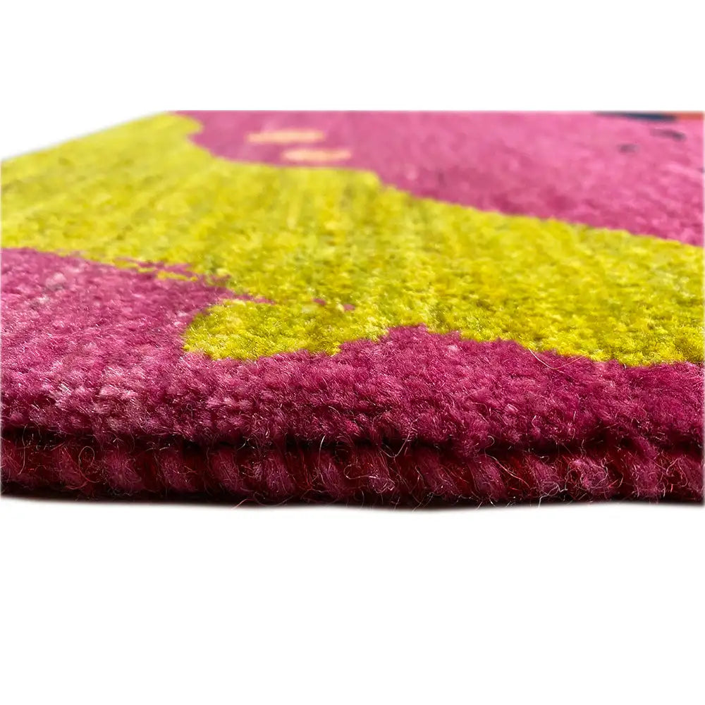 Gabbeh rug 89x60 cm, detail with fringe: pink with yellow and yellow-green accents