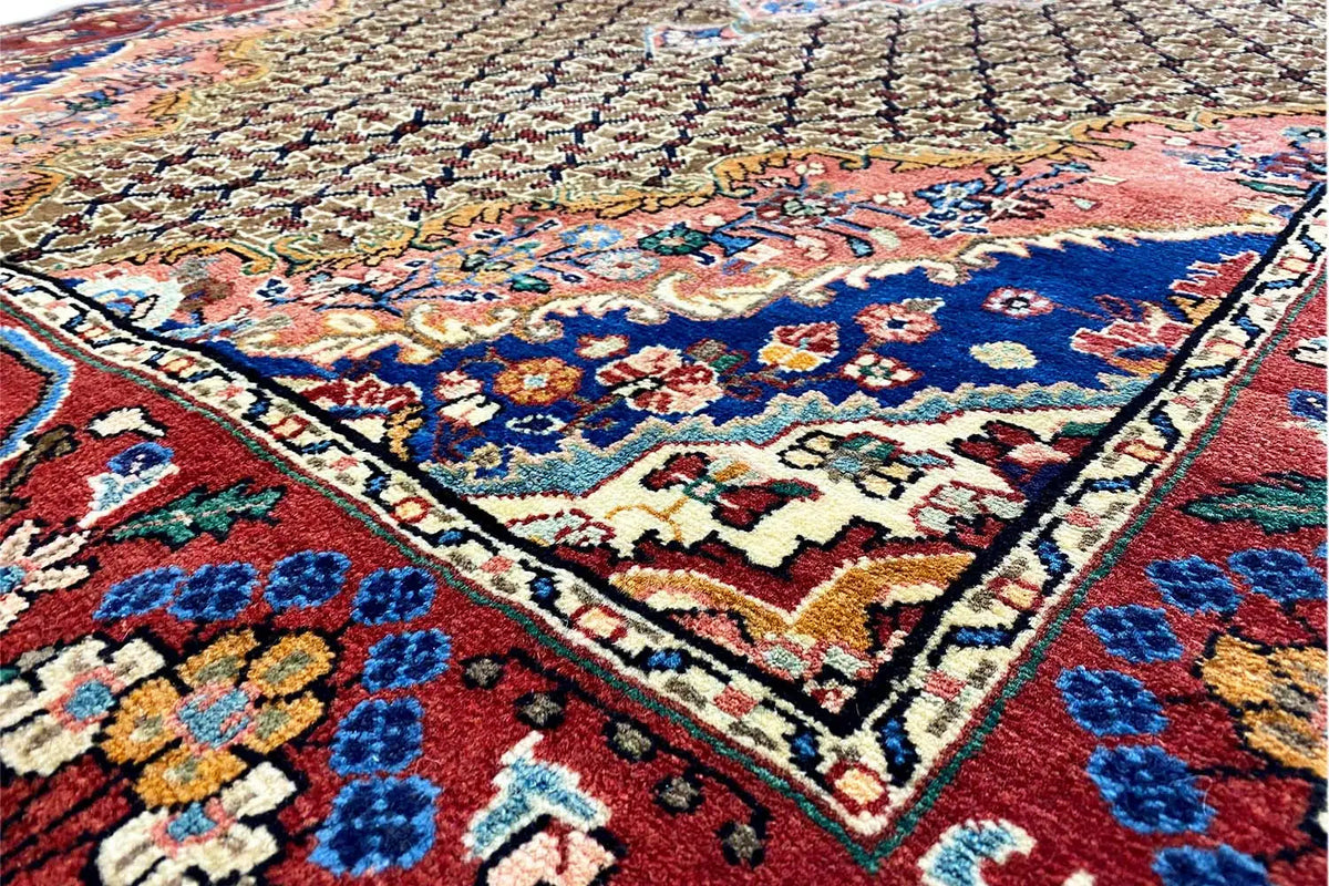 Detailed view: Oriental rug pattern with colorful ornaments and a multicolored border