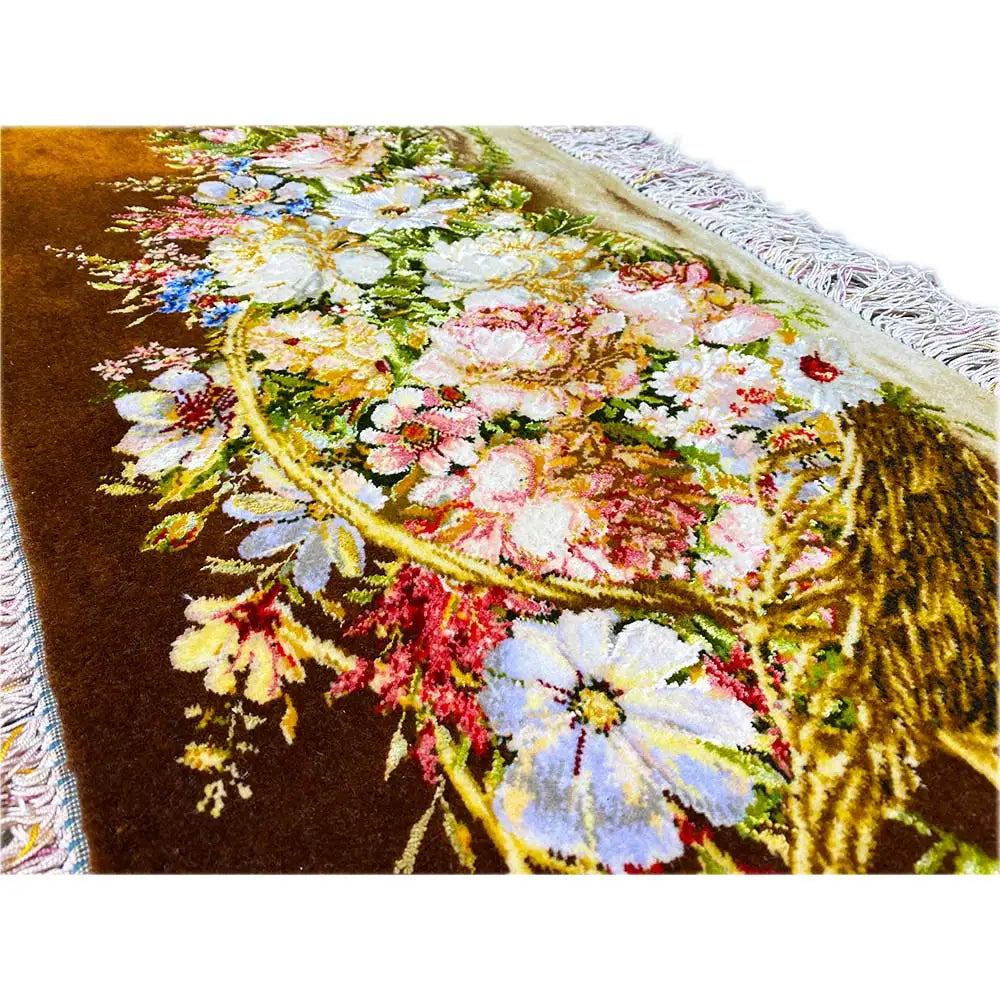 Detail of carpet 79x39 cm: floral embroidery on brown velvet with light-colored fringes