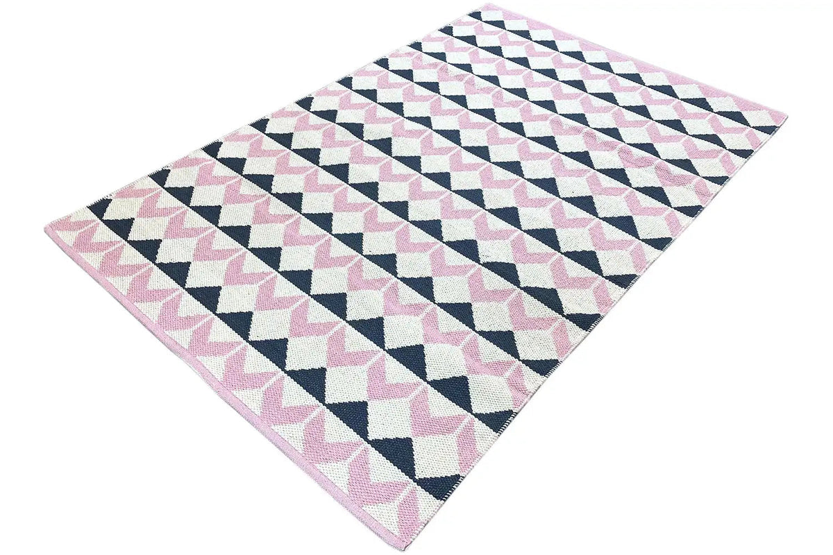 Kelim rug rolled/crossed, diamond and triangular stripes in pink and blue