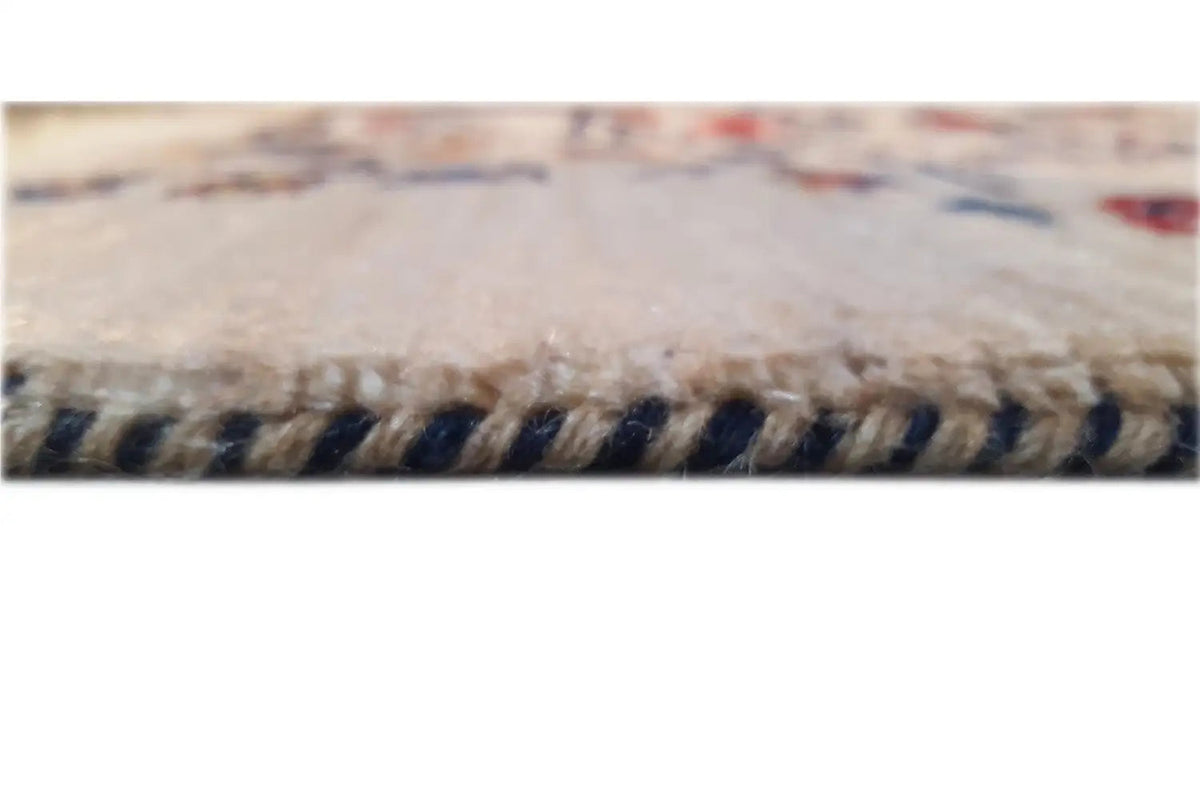 Rug edge with fringe and woven pattern in beige, dark blue, and red.