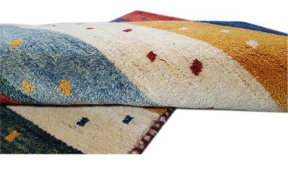 Gabbeh rug 142x66 cm close-up, short pile side with multicolored patterns