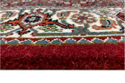 Bidjar rug detail at the edge: red decorative border and short fringe, multicolored pattern