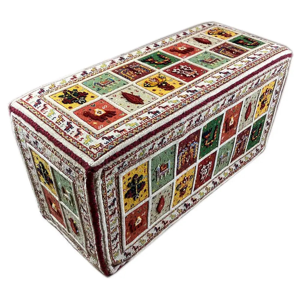 Rectangular Soumakh rug: colorful motif panels, pronounced border, corner finish