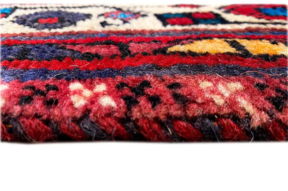 Sirjan rug close-up: dense pile with red and blue patterns along the edge