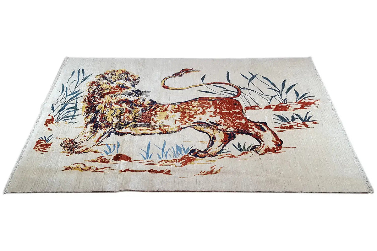 Oriental rug with a large red lion motif surrounded by blue plants