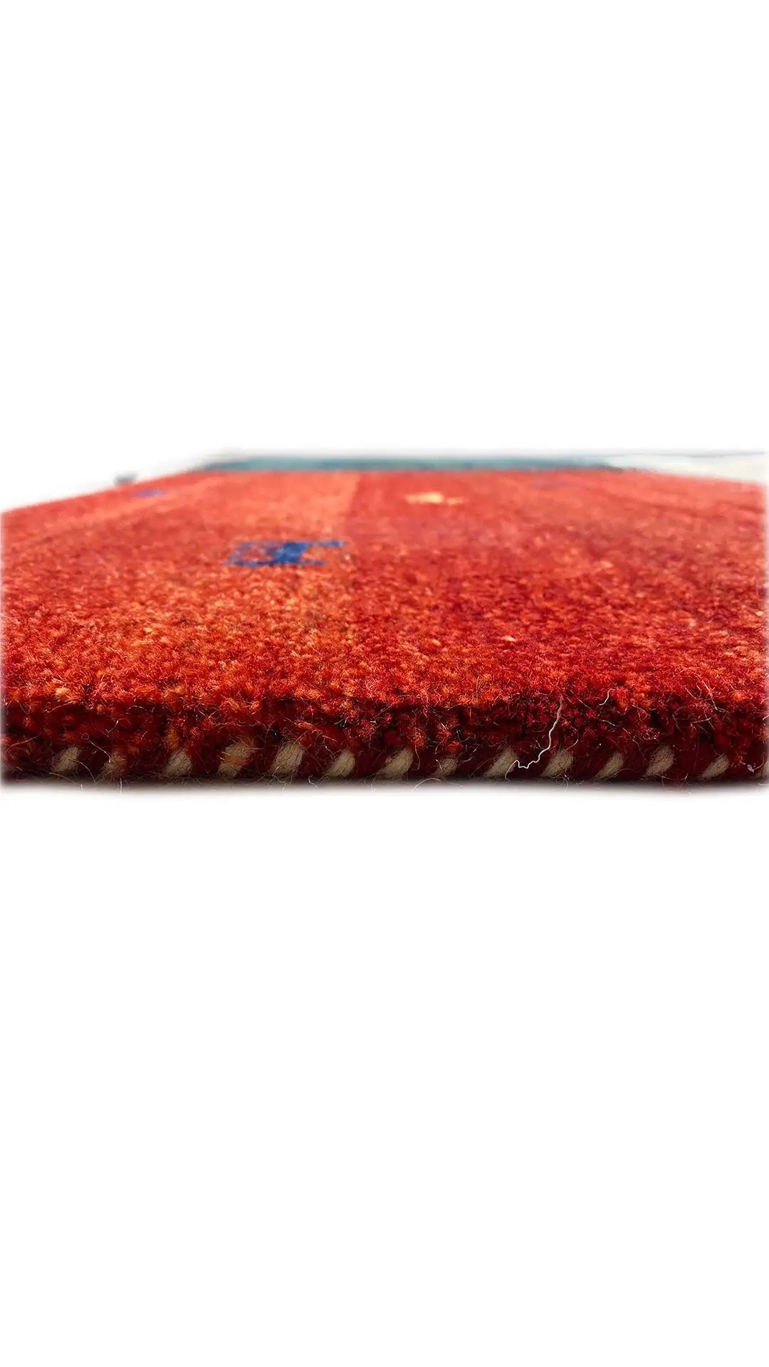 Gabbeh rug 202x151 cm: side view with dense red pile surface