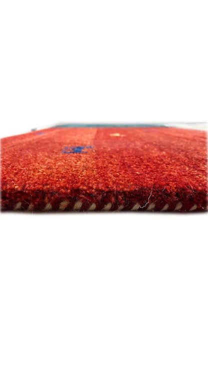 Gabbeh rug 202x151 cm: side view with dense red pile surface