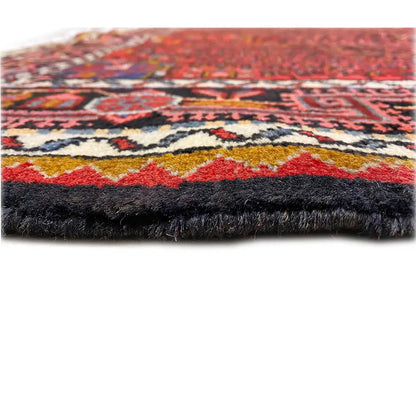 Hamadan rug close-up: red pattern, black-brown pile border and colorful ornaments
