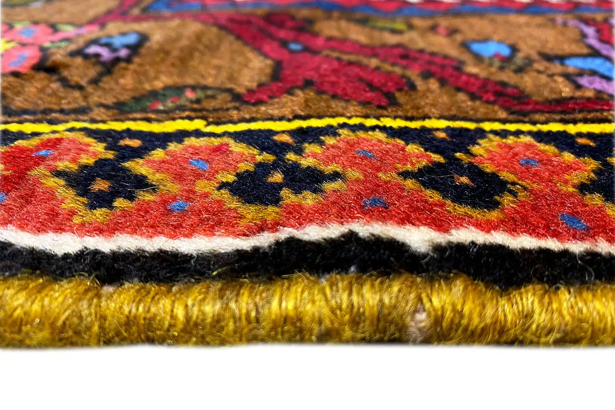 Bakhtiari rug detail: pile with multicolored motifs and black border