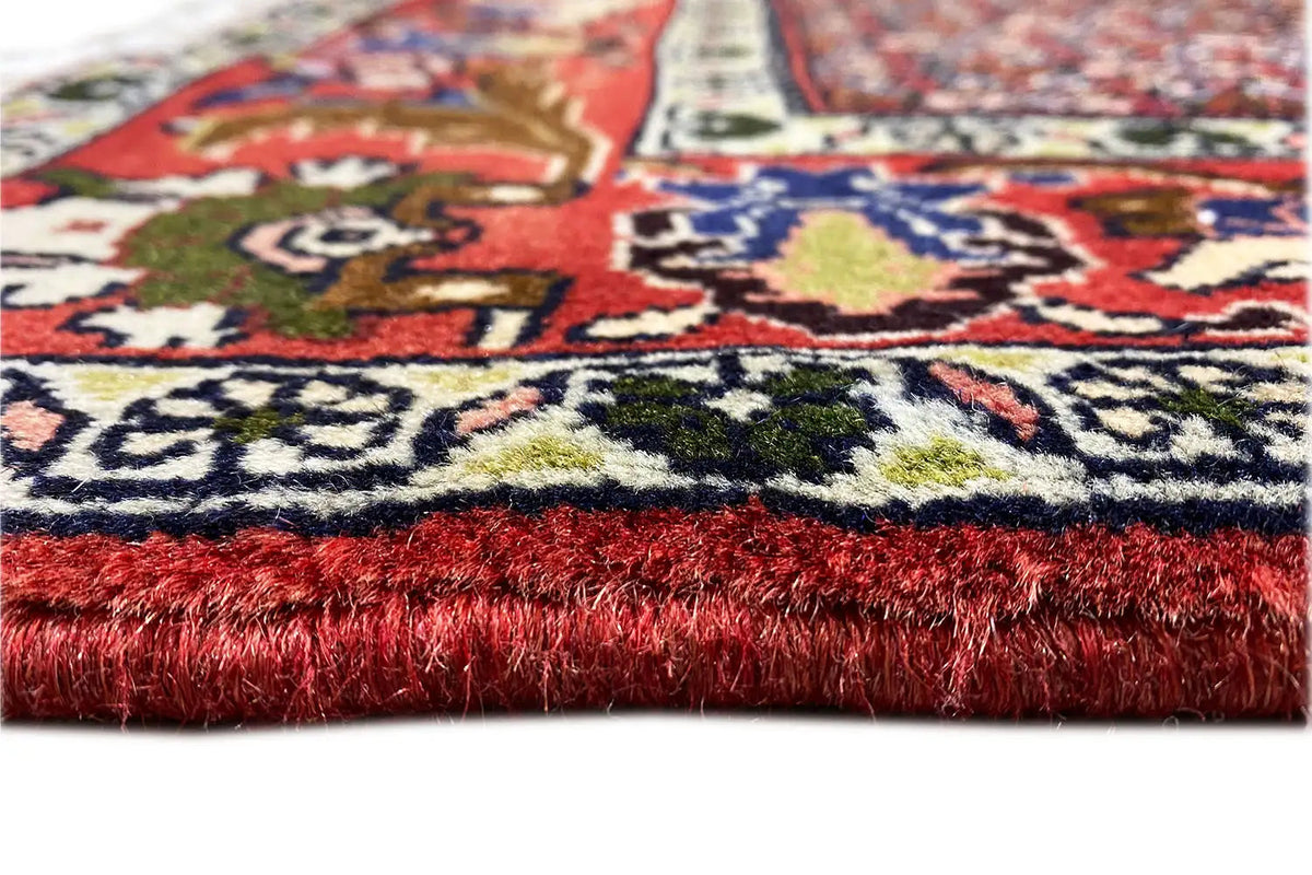 Rug detail: colorful ornaments and dense pile with red fringe along the edge