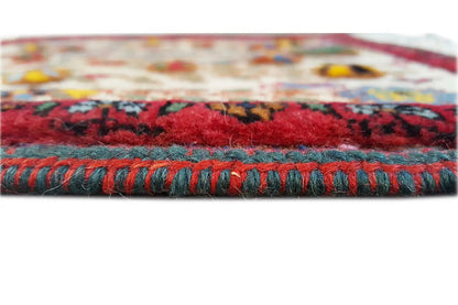 Bottom edge with fringes and multicolored border, densely woven fabric