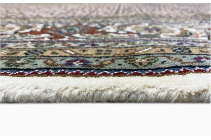 Carpet edge with a multicolored striped pattern, light pile, and fringes