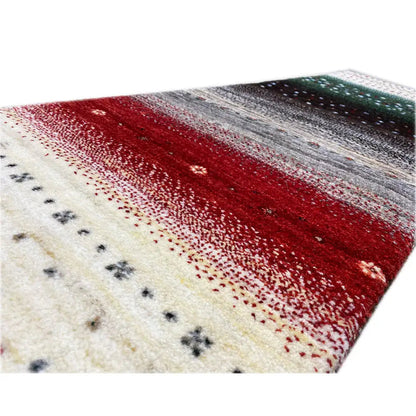 Gabbeh runner Lori, detail: red-gray stripes and fine dots/patterns on a cream-colored background