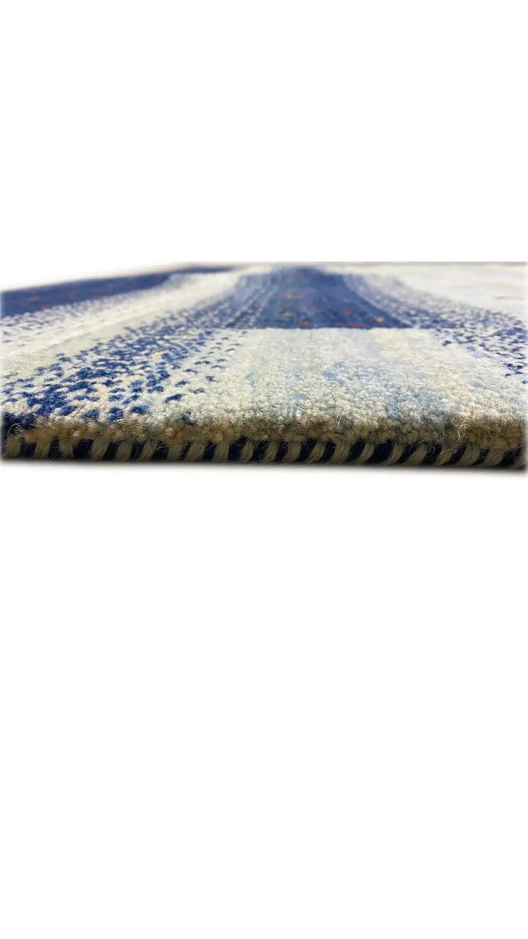 Gabbeh rug, side view with fringes, blue-beige stripes and fine dots
