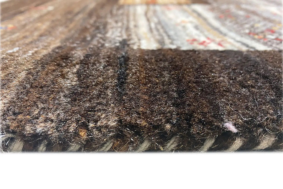 Gabbeh-Lori rug with dense pile and knotted fringe, beige-gray with dark areas