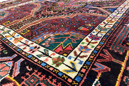 Rug detail: colorful ornaments with line and cross patterns in red, blue, and green