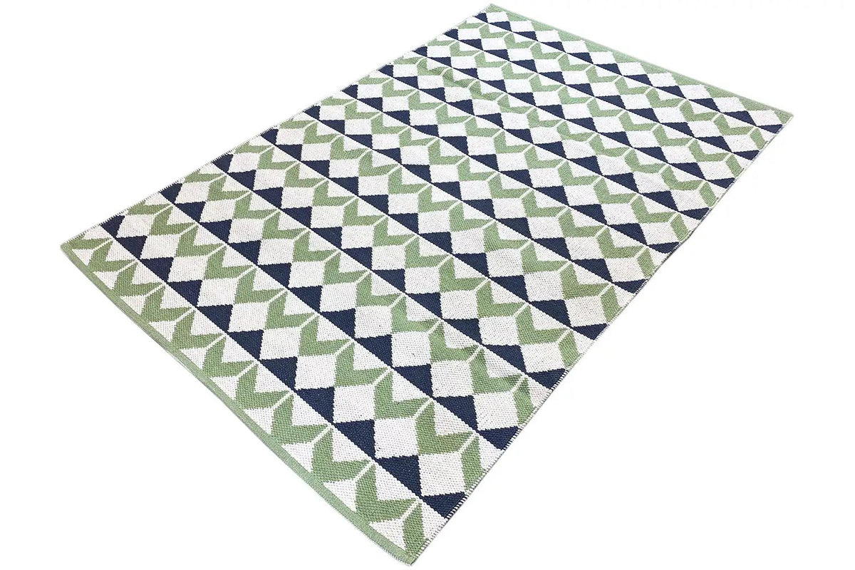 Square kilim rug with diamond and triangle patterns in green, dark blue, and white