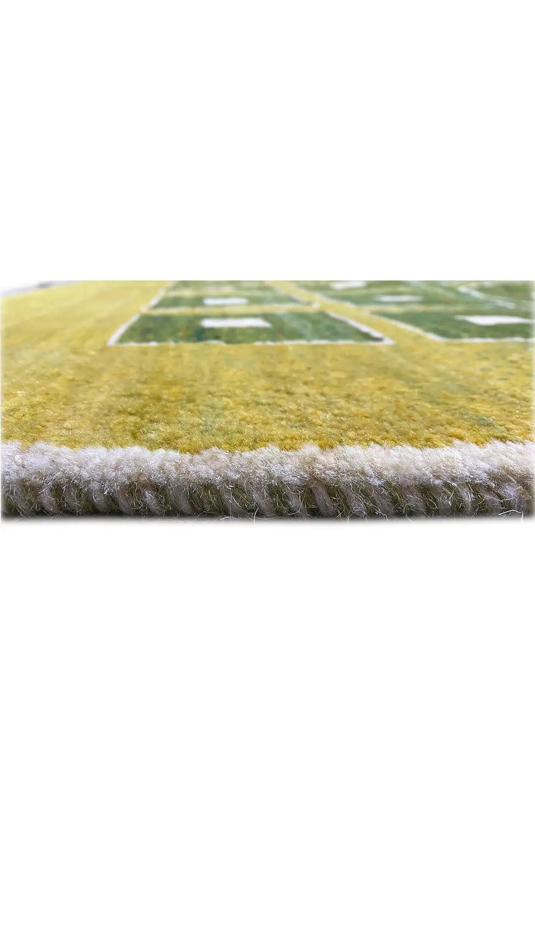 Gabbeh rug 199x152 cm: border with gray fringe and green-yellow square motif