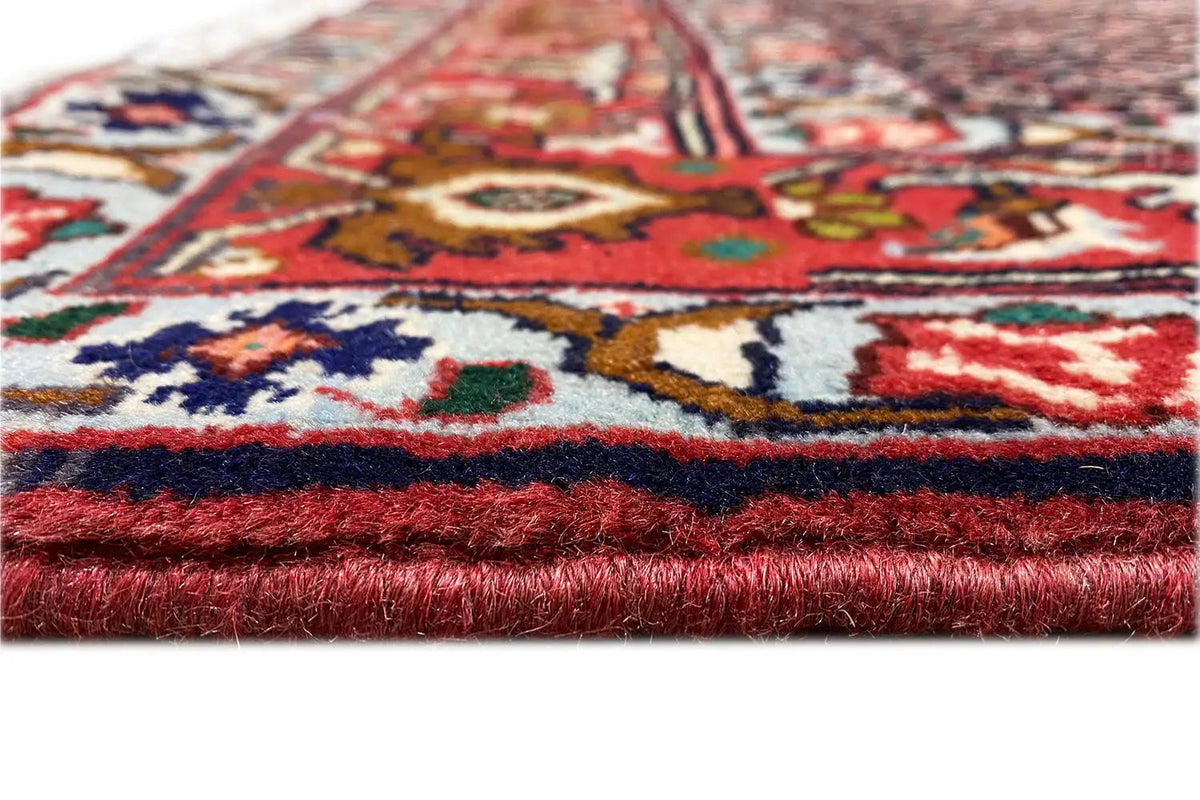 Hamadan rug detail: red fringes and selvedge with a multicolored pattern structure