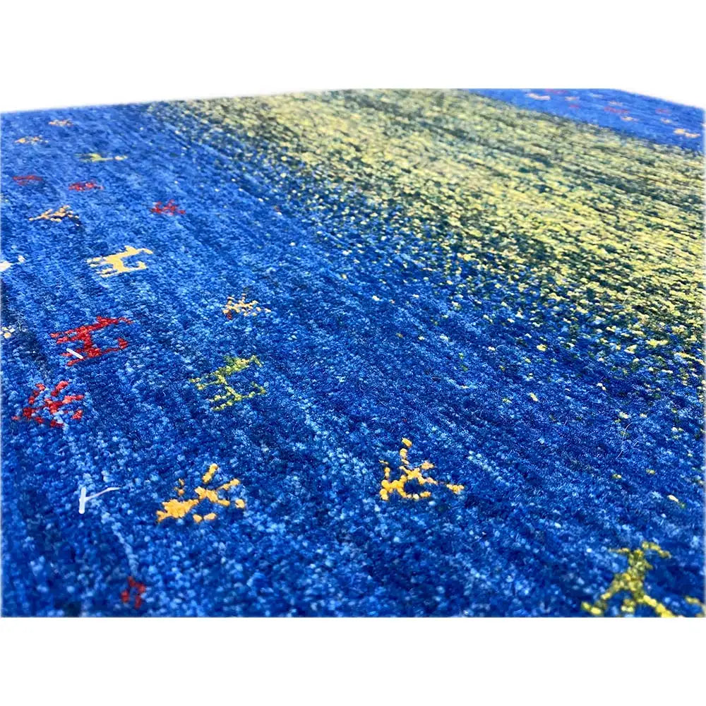Gabbeh Lori rug (85x61 cm): blue-green detail with colorful animal motifs, dense pile