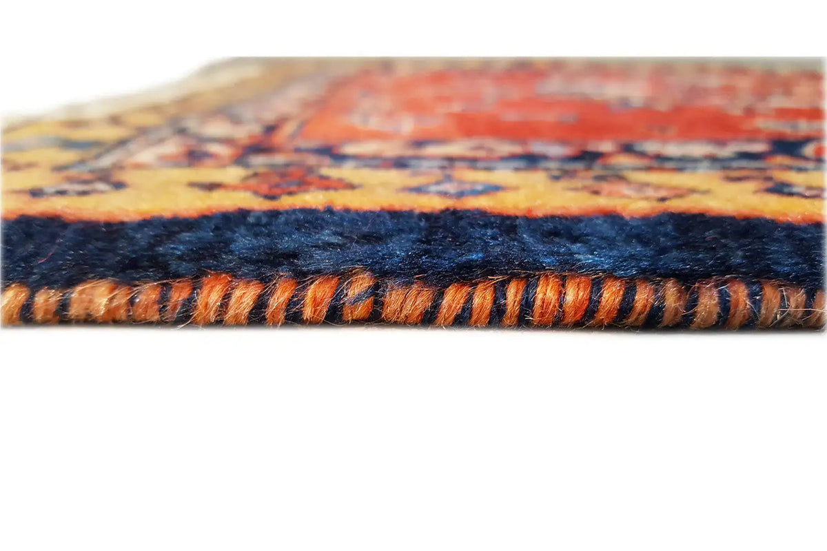 Oriental rug with a woven border: multicolored edge, dark blue trim