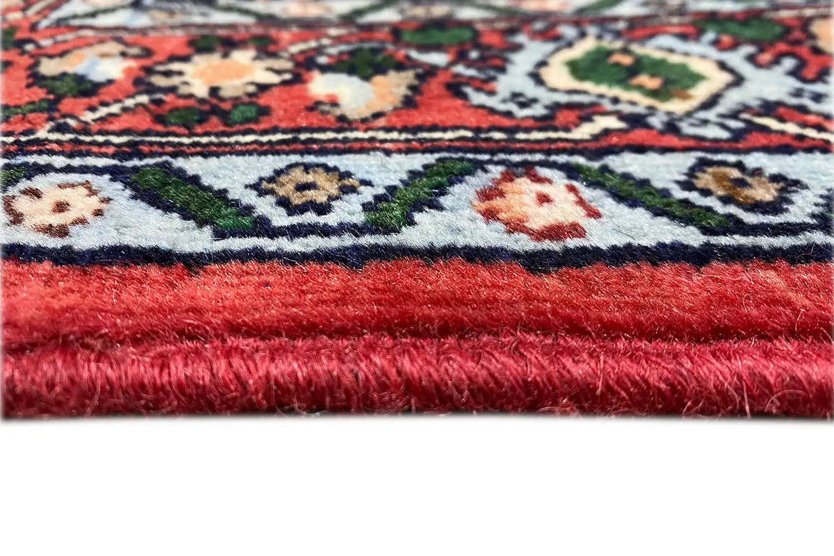 Close-up of a Hamadan rug: colorful pile, red border, and dense weave pattern.