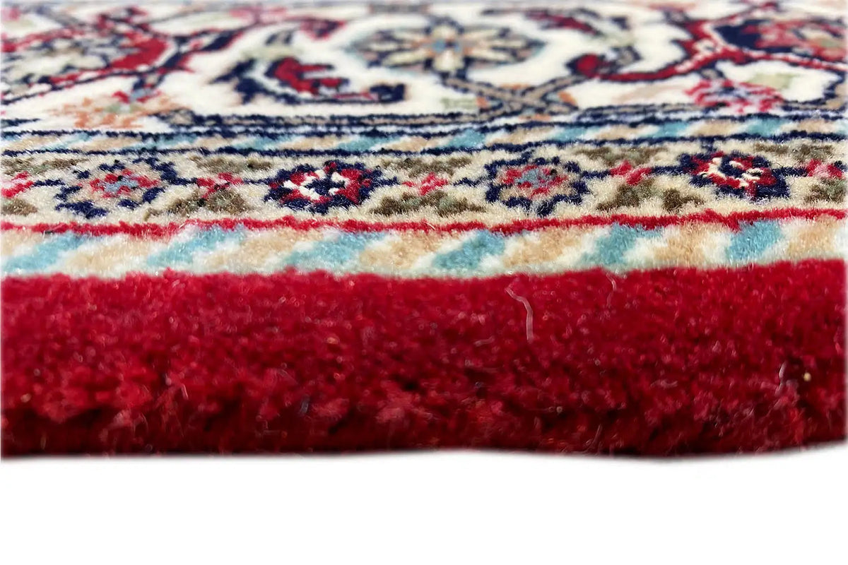 Bidjar rug edge view with red pile and border elements