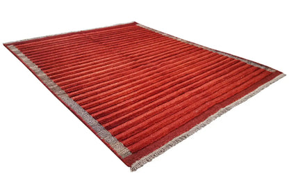 Reddish-brown carpet with a gray border and an even striped pattern