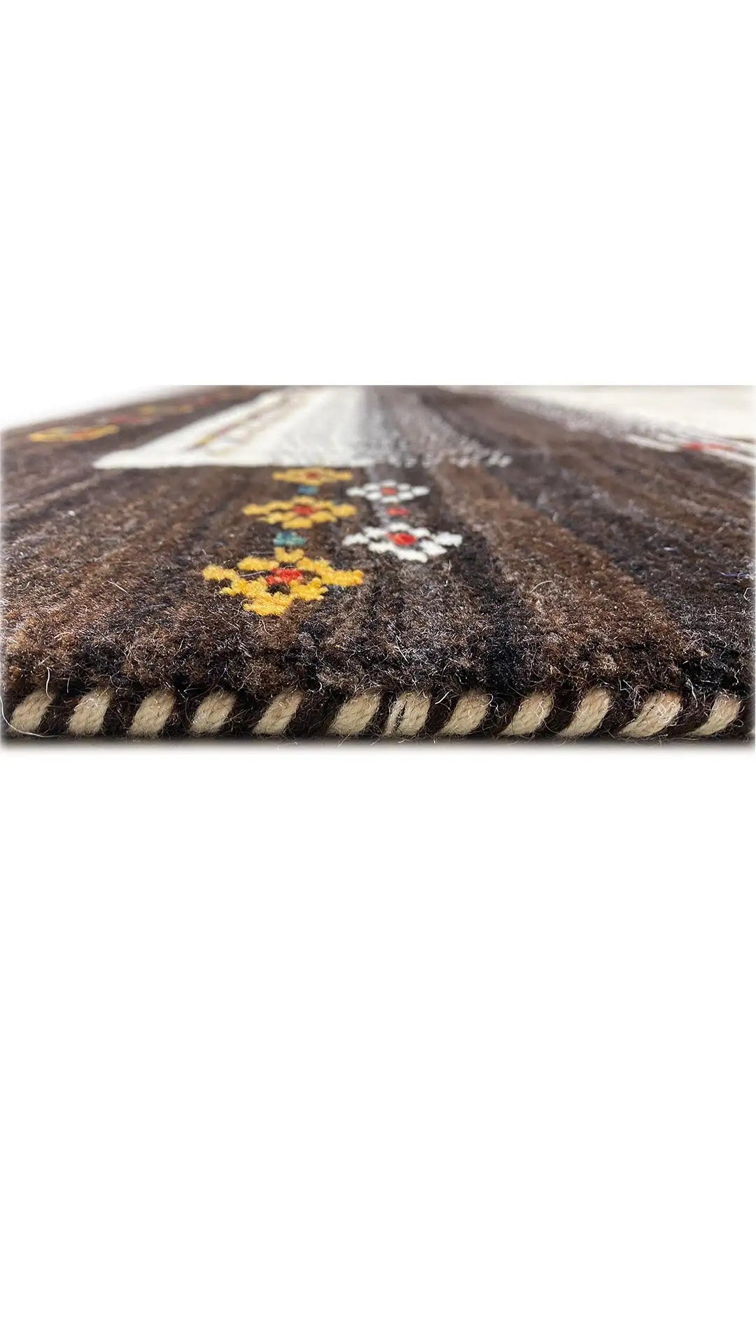 Carpet border with short pile and multicolored medallion, dark background with stripes