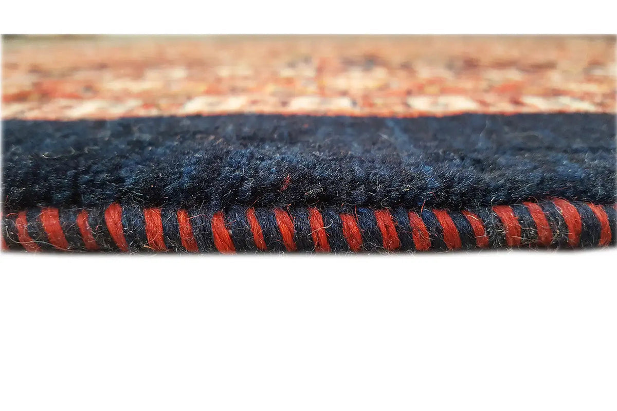 Close-up: fringed edge of the oriental rug, dark border with multicolored red trim