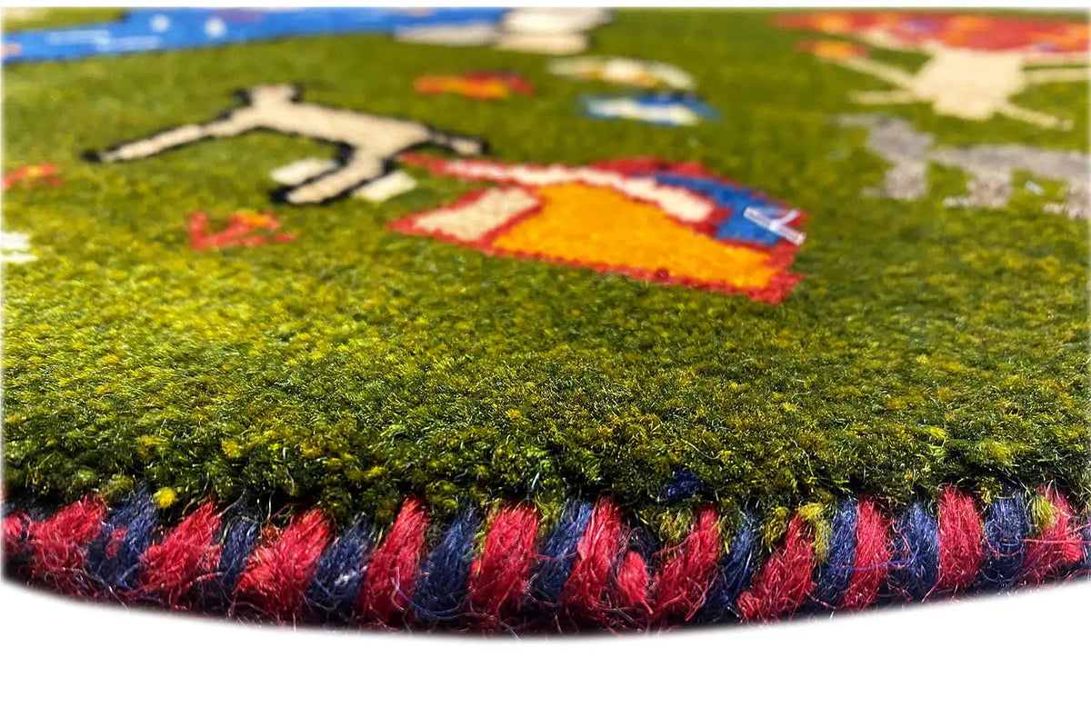 Gabbeh rug (101×101 cm) close-up: dense pile with colorful edge fringe