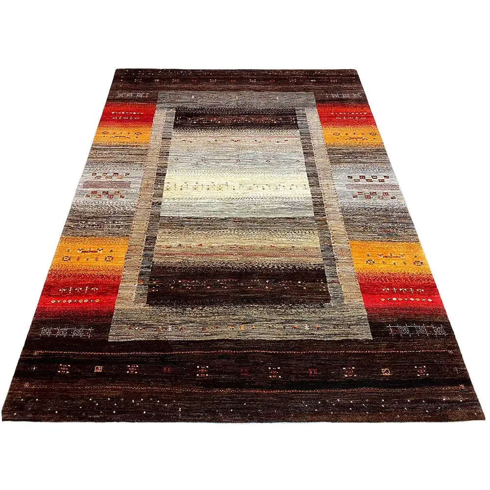 Gabbeh rug 240x174 cm rectangular central border with stripes in brown, yellow and red