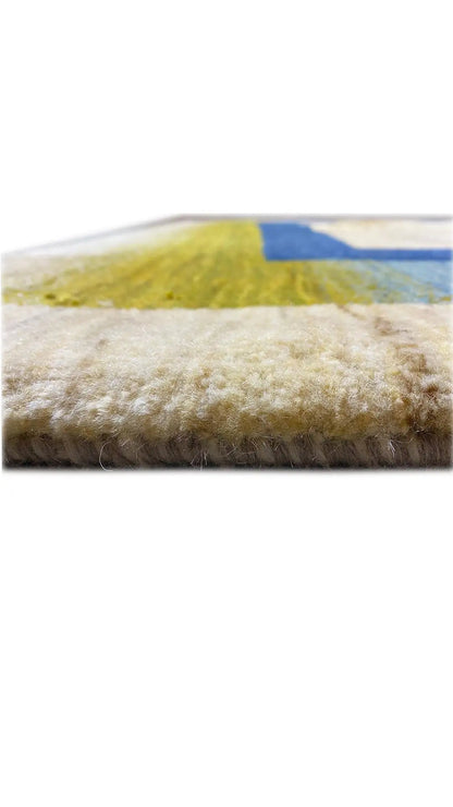 Gabbeh rug 195x150 cm, close-up of pile and edges, blue-yellow-green