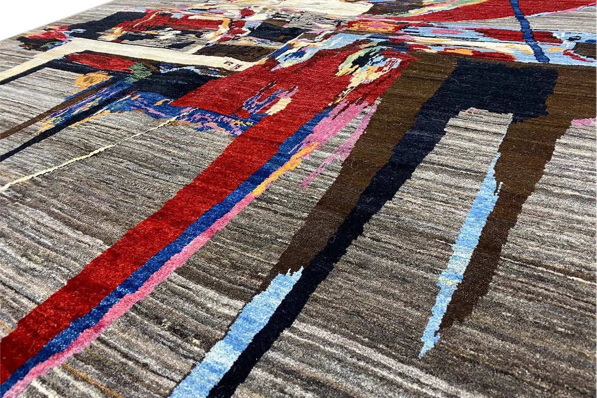 Gabbeh Lori rug detail with colorful strokes on a gray pile