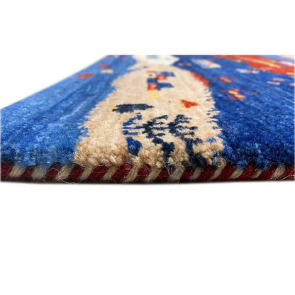 Gabbeh rug edge view, multicolored weave with short wool ends, 90x59 cm