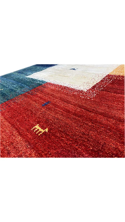 Gabbeh rug 202x151 cm with red pile, white square, and blue block pattern