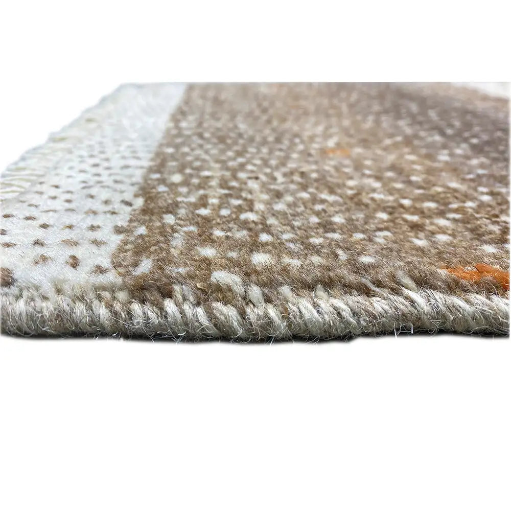 Gabbeh rug 59x41 cm edge view: fringes, mottled brown and light weave structure
