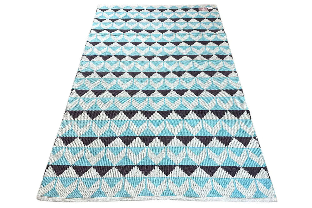 Modern kilim rug with stripes of diamonds and zigzags in blue, rectangular