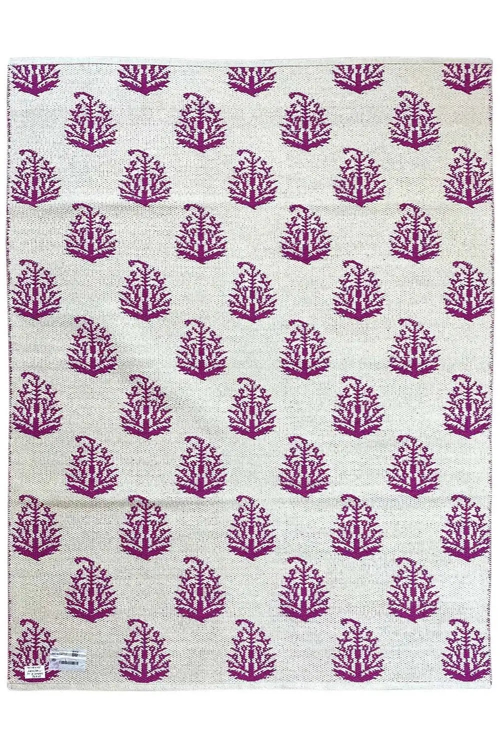 Rug with a beige background and violet and white tree ornaments, square