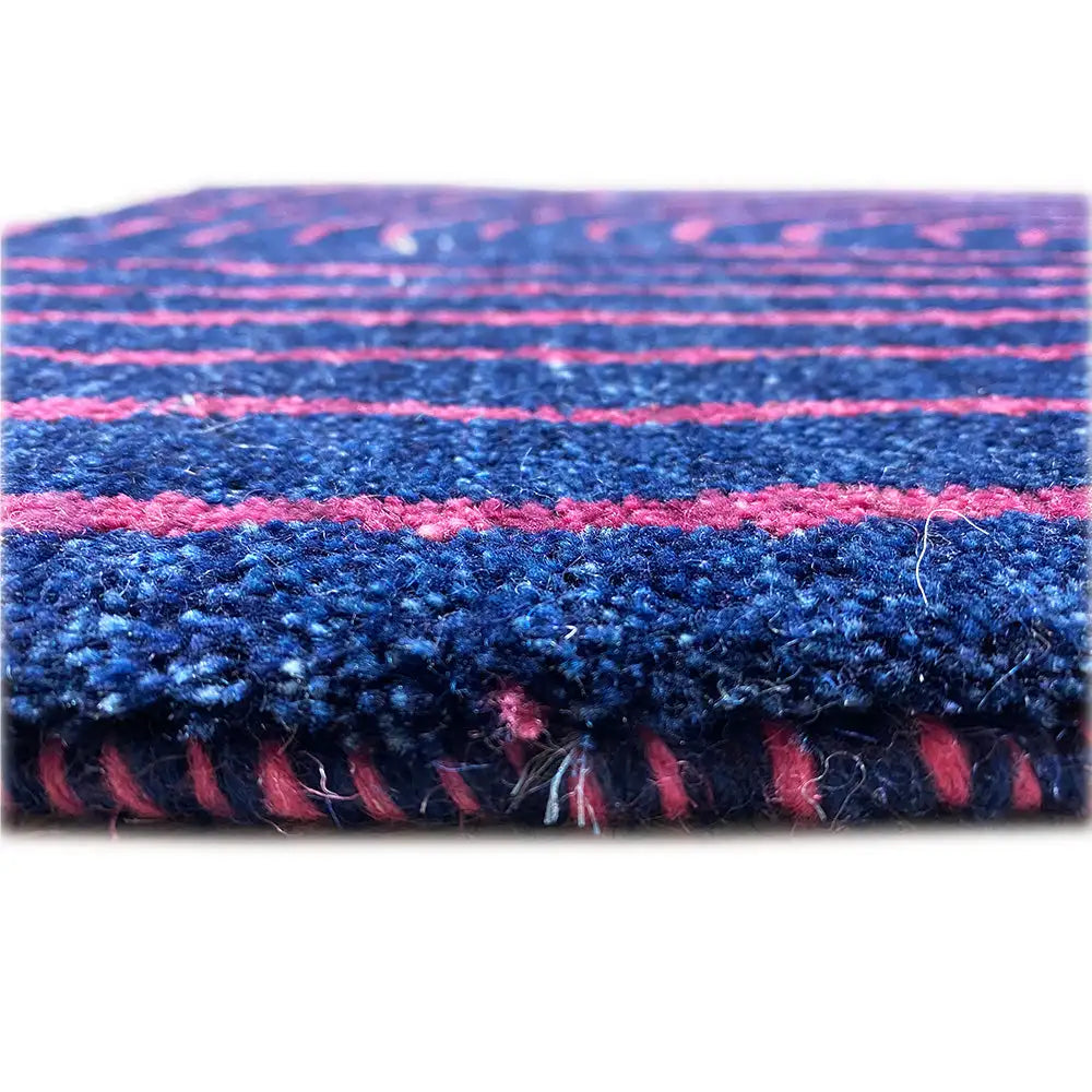 Gabbeh rug with pile and fringed edges, dark blue and pink