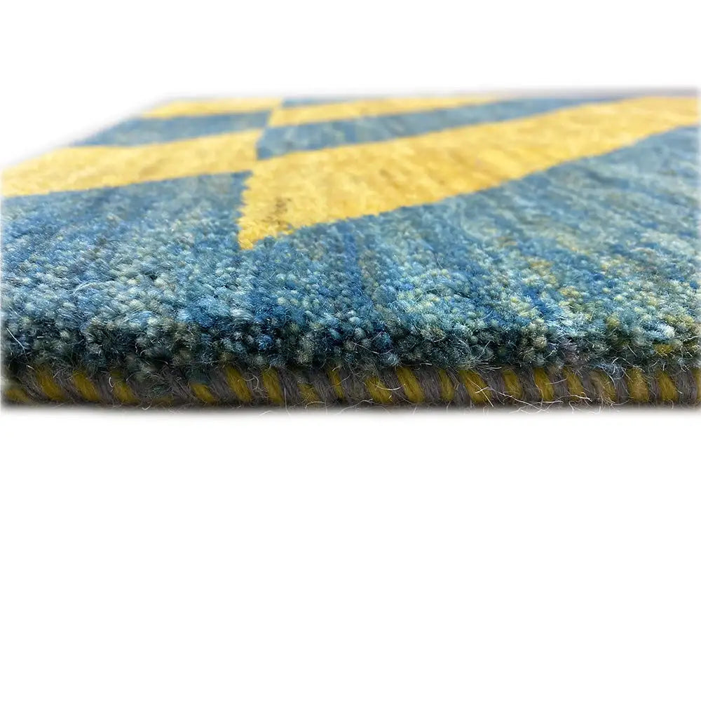 Gabbeh rug made of virgin wool with yellow-blue stripes, hem with a short fringed edge