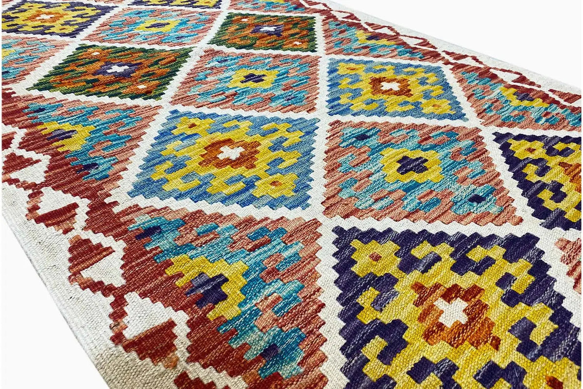 Kilim runner detail: colorful squares and diamonds in blue, turquoise, yellow, and red