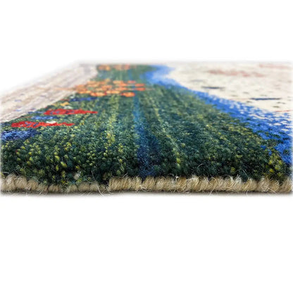 Gabbeh rug 88x59 cm with a colorful woven texture; visible pile and fringes at the bottom