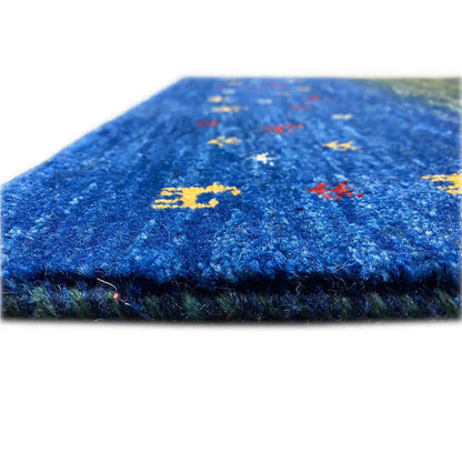 Rug border with blue pile and colorful animal motifs