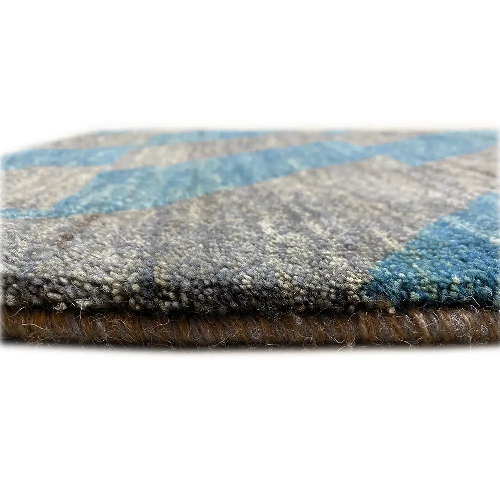Rug edge with short wool pile and multicolored fibers in blue and gray, 90x55 cm