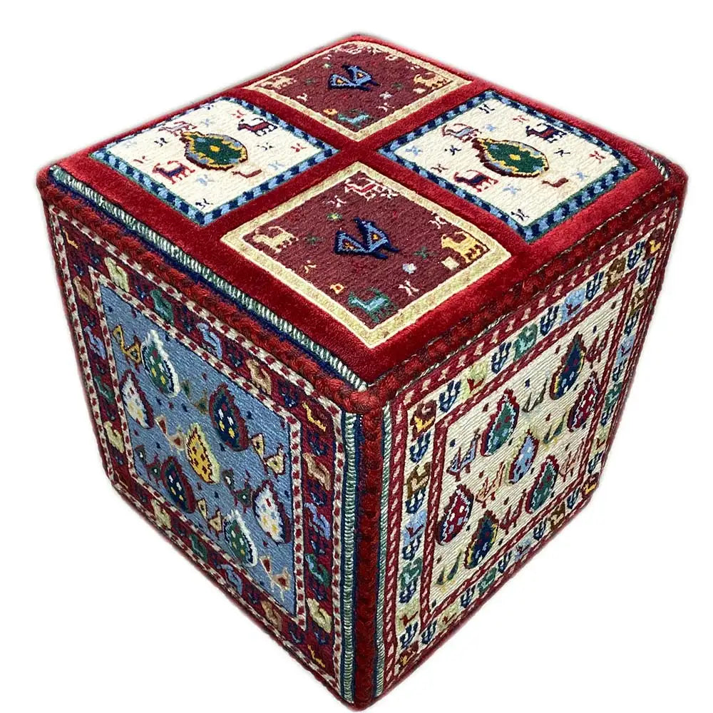 Red Soumak rug with four pictorial panels and a multicolored border.