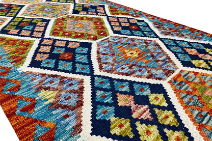 Afghan kilim runner 237×83 cm Detail: Cross and diamond fields in blue, cream and multicolor