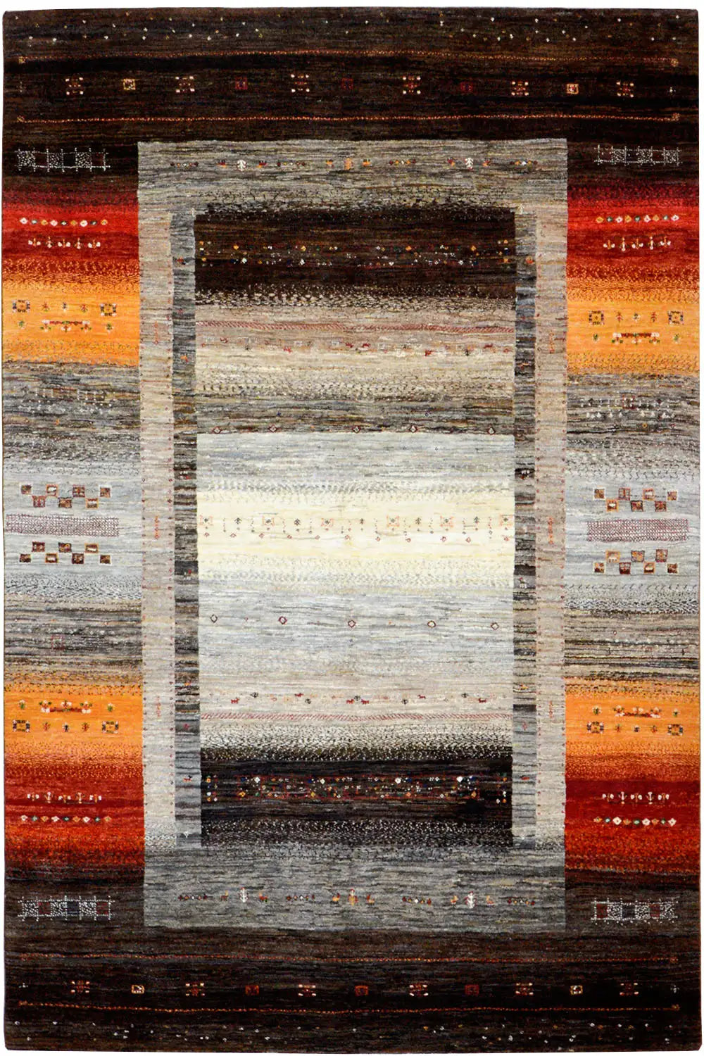 Gabbeh rug 240x174 cm, symmetrical, with a central field and border in brown, red, and beige