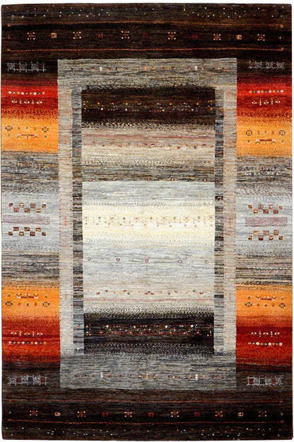 Gabbeh rug 240x174 cm, symmetrical, with a central field and border in brown, red, and beige